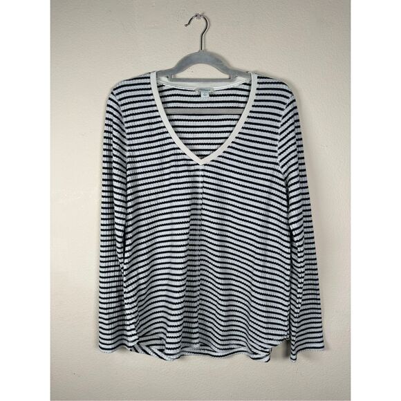 Sundance Striped Waffle Knit Thermal V Neck Long sleeve sz Large - Picture 1 of 5